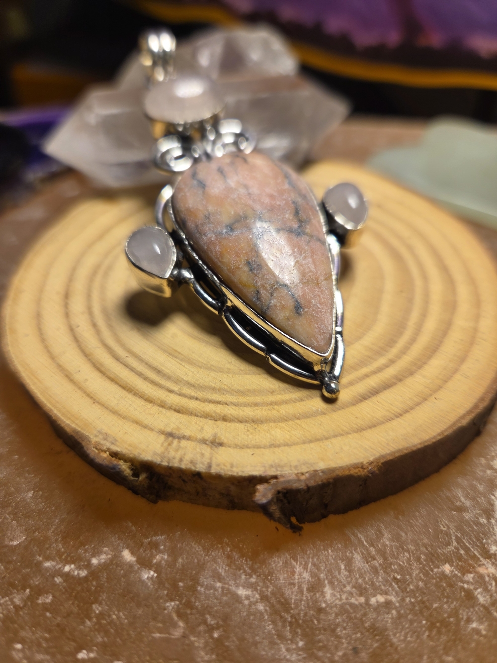 Sterling Silver Peach Jasper Rose Quartz Gemstones  Pendant Necklace